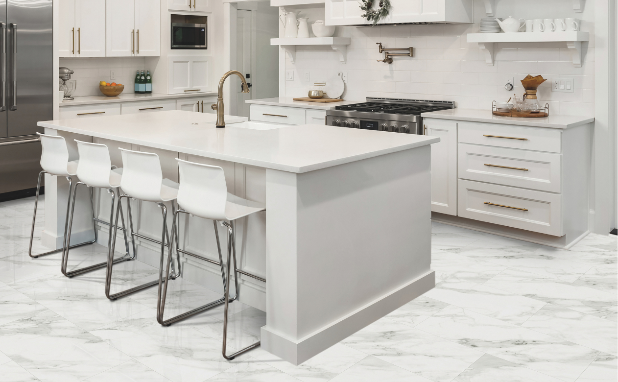 White countertops in a kitchen with wood cabinetry