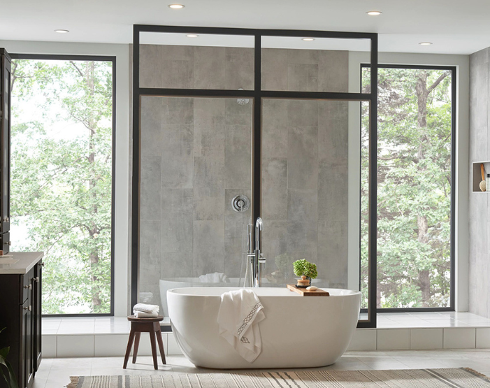 Marble wall tile on a bathroom wall with freestanding tub
